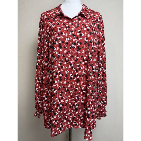 Lane Bryant Women’s Tunic Top Button Front Sz 26/28 Red W/ Black White Print - Picture 1 of 16